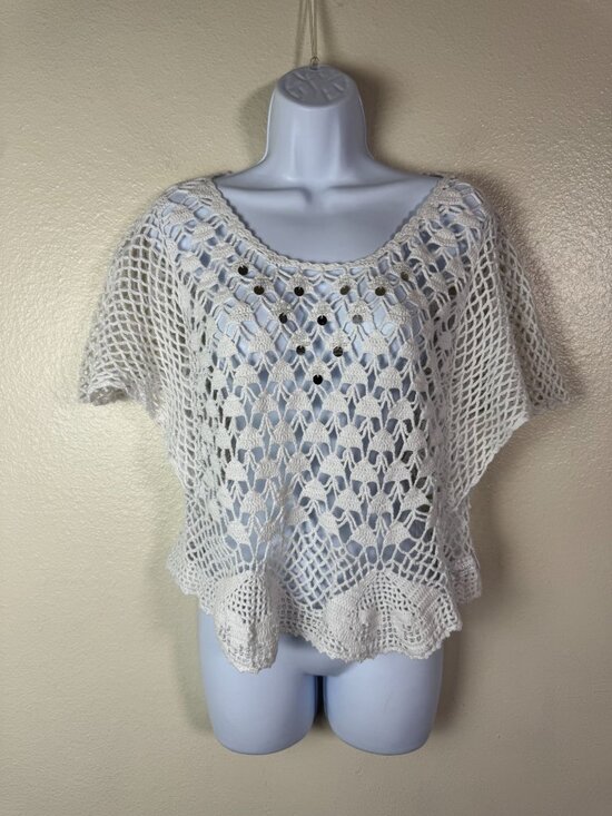 Kamiseta Crochet Open Knit White Top size XXS Short Sleeves Cottage Beachy - Picture 15 of 15